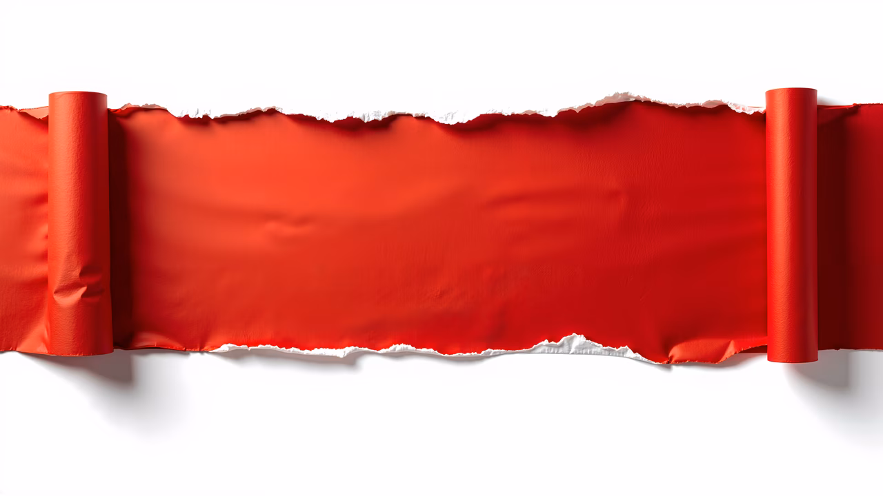 A striking illustration of torn red paper against a white background, emphasizing contrast and texture.