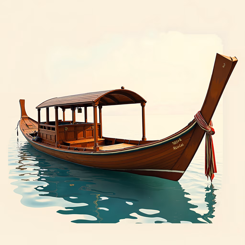 A traditional wooden boat with a curved bow, set against a serene backdrop of calm waters and a soft sky.