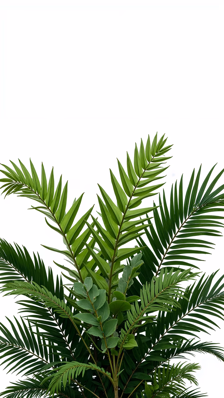 Vibrant green tropical leaves against a plain white background, showcasing natural beauty and intricate leaf patterns.