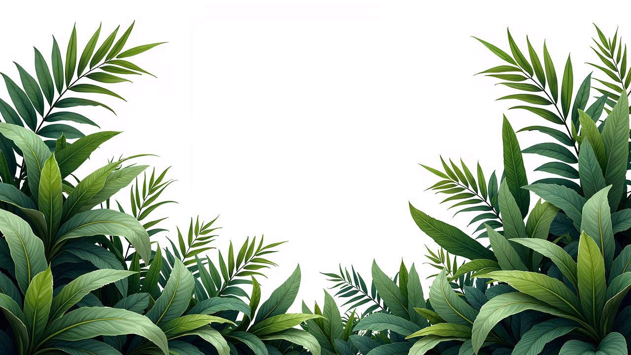 Vibrant tropical leaves illustration featuring detailed vein patterns in various shades of green.