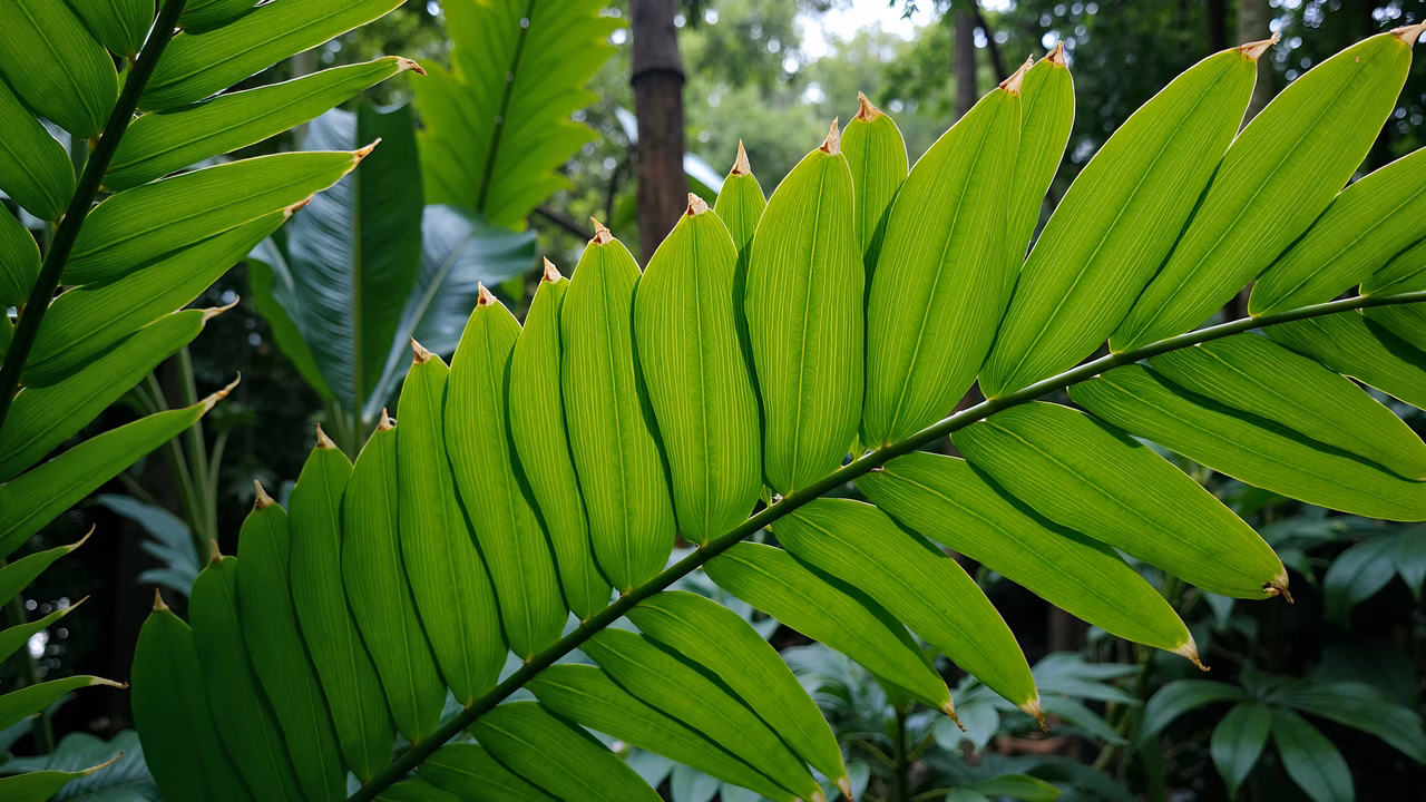 Vibrant tropical leaves in an illustration, showcasing natural beauty and tranquility.