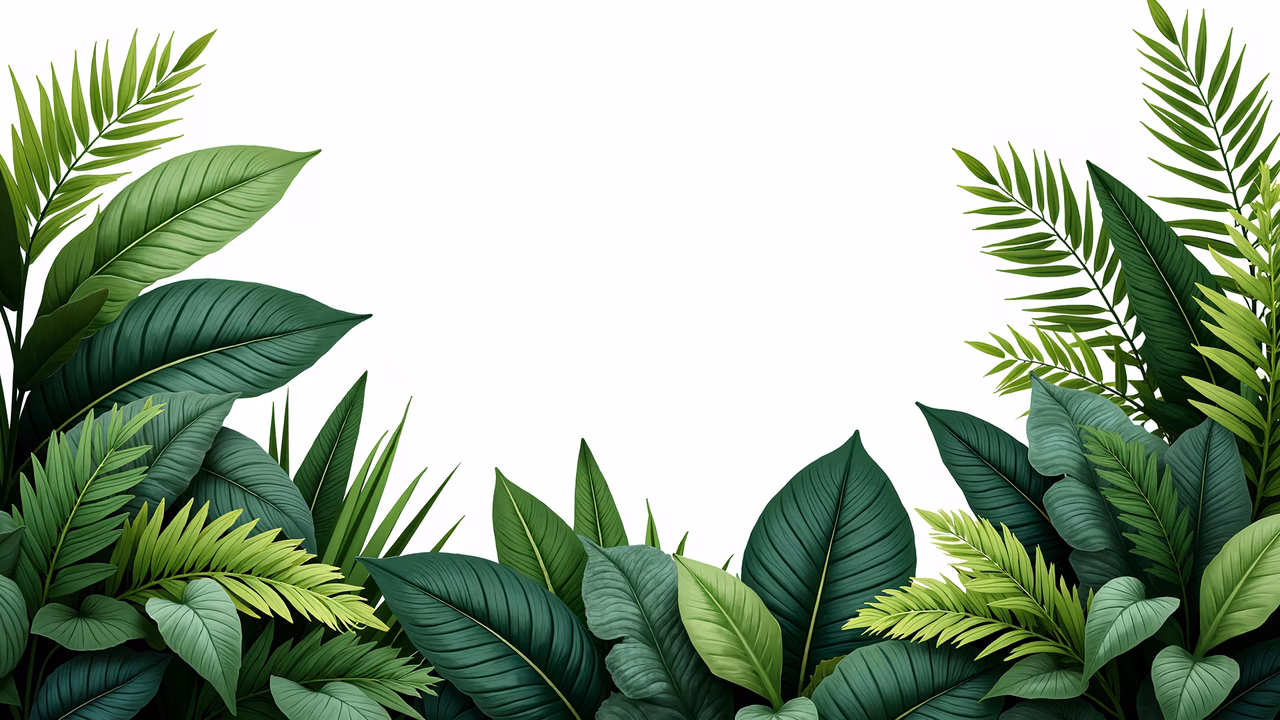 Symmetrical tropical leaves illustration with intricate details and soft lighting.