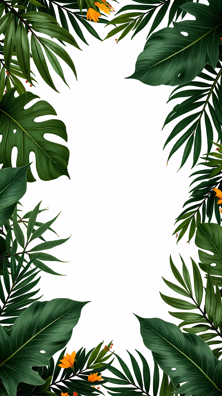 Vibrant tropical leaves and flowers create a serene natural scene.