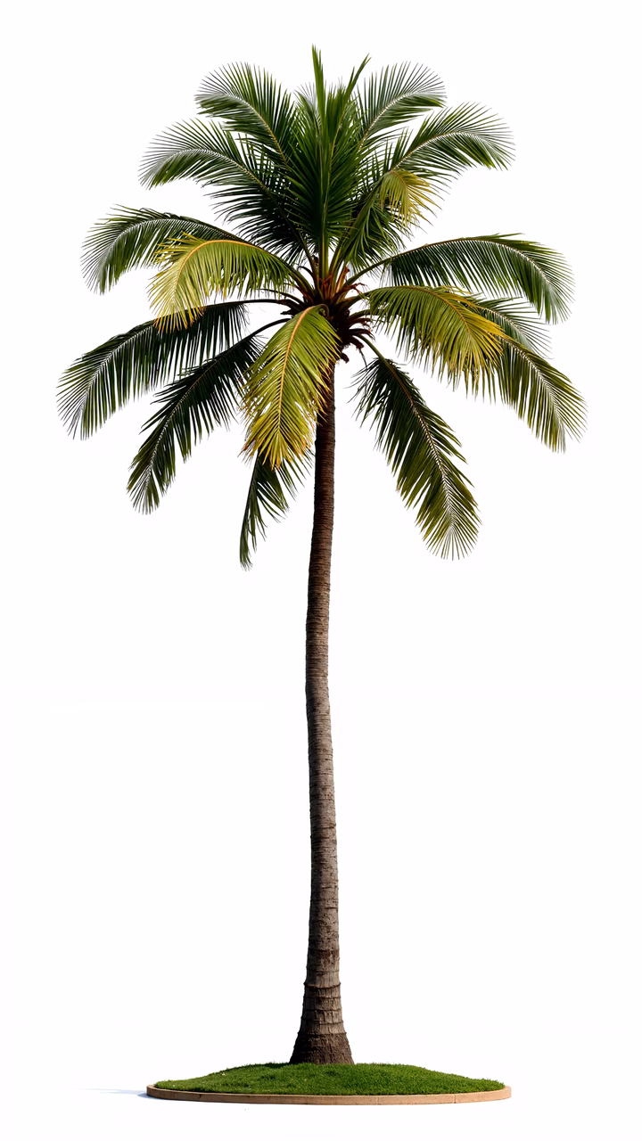 A detailed illustration of a tropical palm tree, showcasing its lush greenery and sturdy trunk in a serene tropical setting.