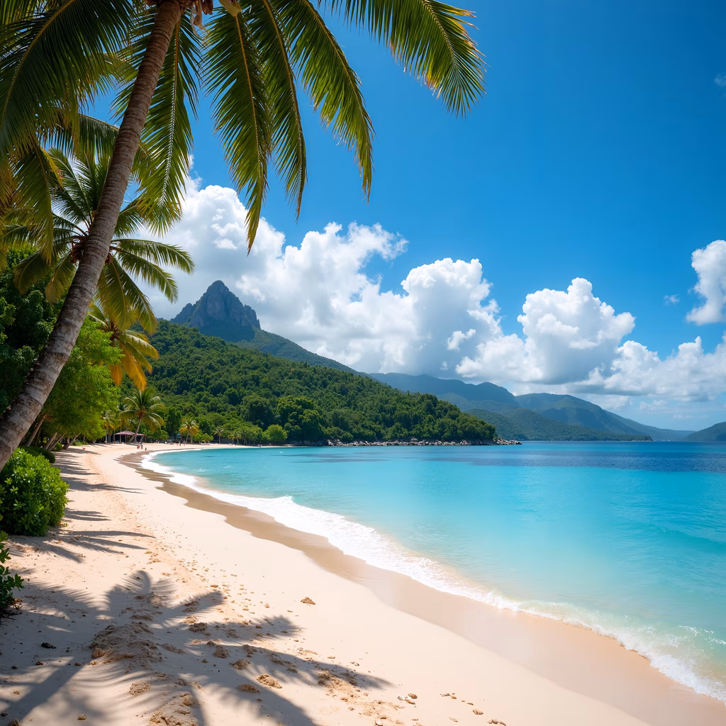 Tropical paradise with pristine white sand and turquoise waters, framed by tall palm trees and lush green mountains.