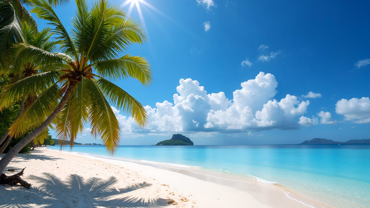 Tropical paradise with palm trees, white sand, and turquoise waters.