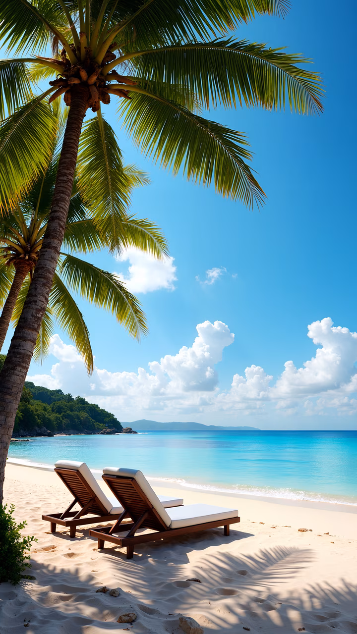 Two lounge chairs under palm trees on a beautiful tropical beach with turquoise water and blue sky.