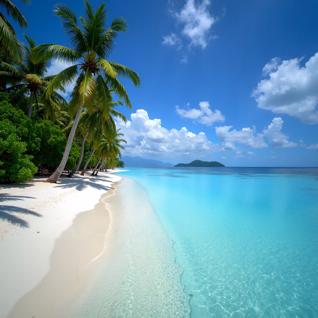 A tranquil tropical beach with palm trees and crystal-clear turquoise waters under a bright blue sky.