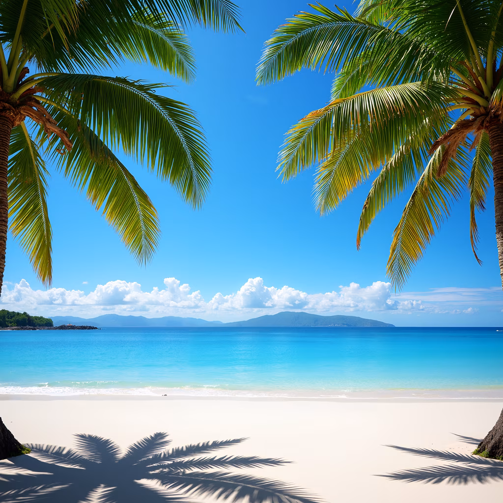 A picturesque tropical beach with palm trees and clear waters.
