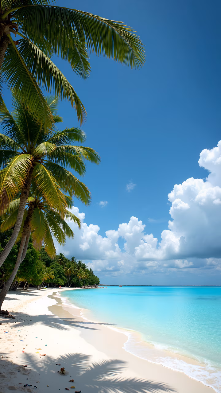 A tranquil tropical beach with palm trees and turquoise waters under a blue sky.