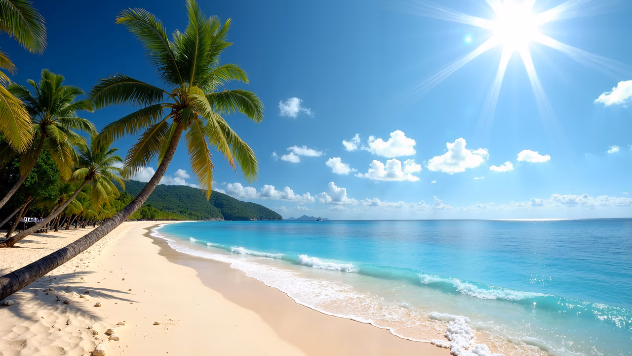 Tropical paradise beach with palm trees and clear water