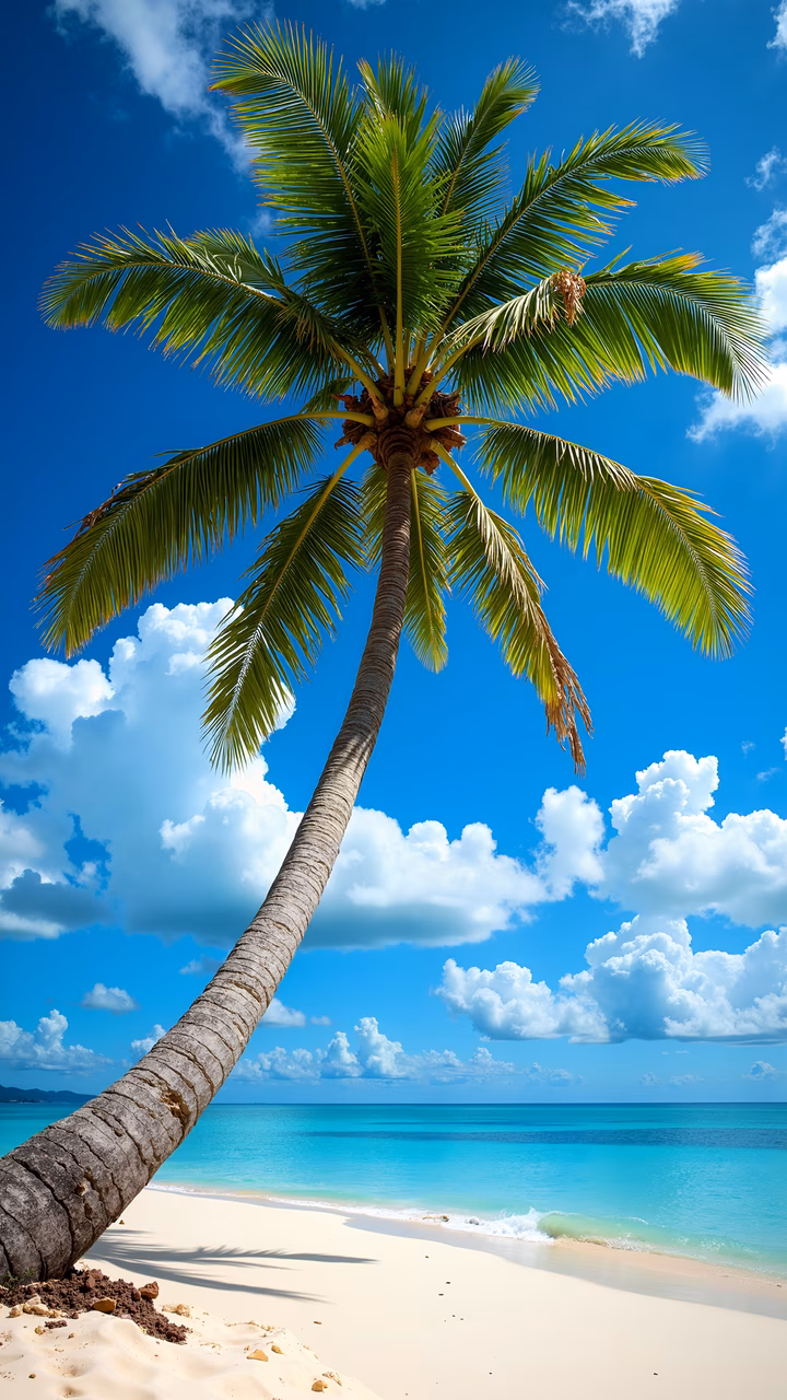 A lone palm tree on a beautiful beach under a clear blue sky with fluffy clouds.