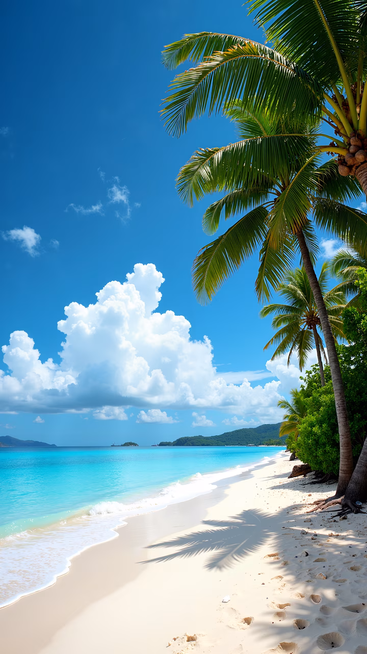 A picturesque beach with white sand, turquoise water, and palm trees under a bright blue sky.