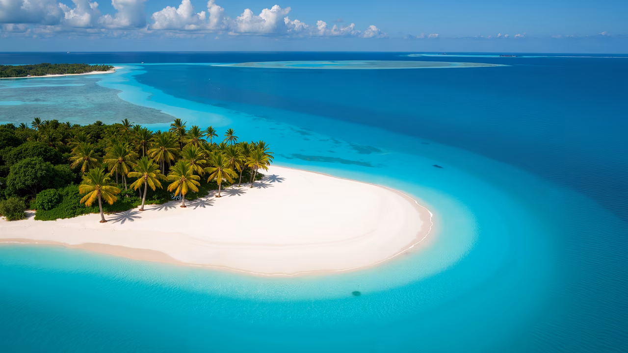 Aerial view of a tropical island with white sand, palm trees, and turquoise waters.