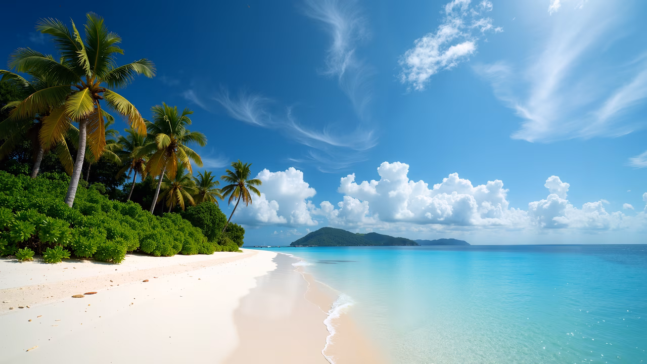 A picturesque tropical beach with lush palm trees and clear turquoise waters under a bright blue sky.
