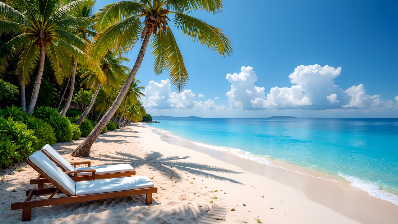 Tropical paradise beach with lounge chairs, palm trees, and turquoise waters.