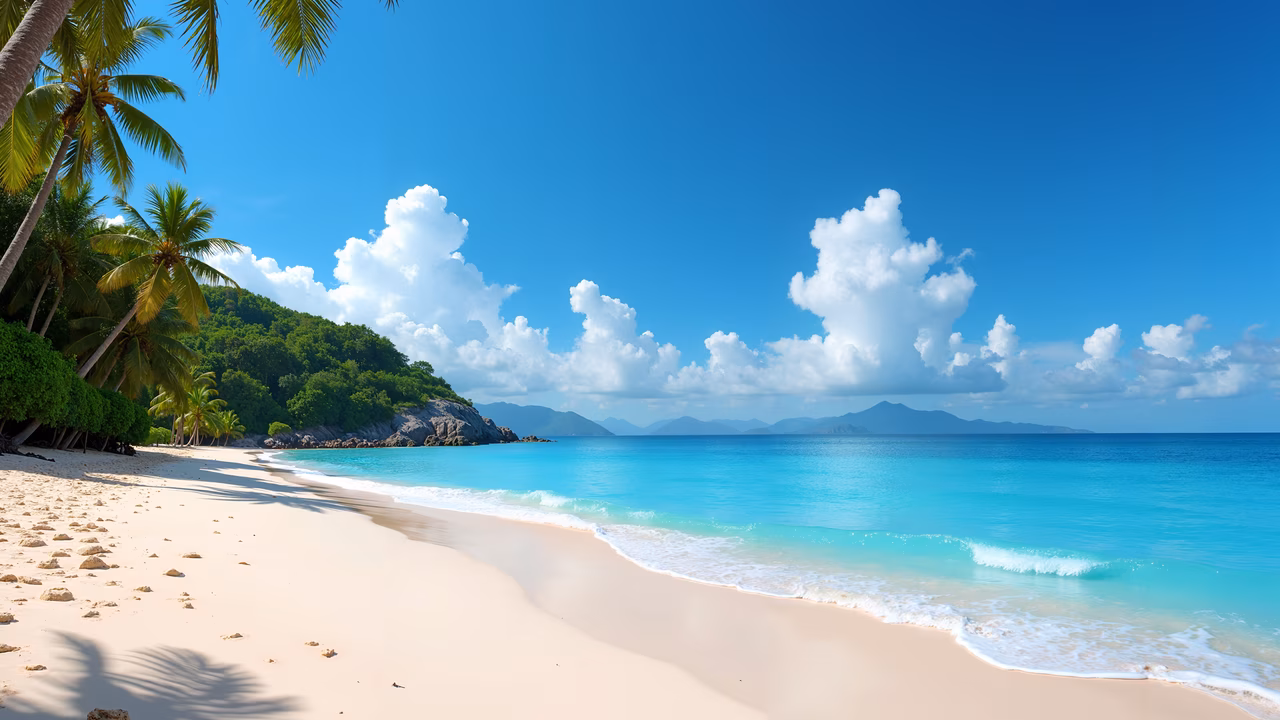 A tranquil tropical beach with pristine white sand, turquoise waters, and lush palm trees under a bright blue sky.