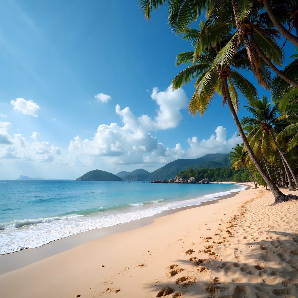 Golden sand, turquoise waters, and lush palm trees create a serene tropical paradise.