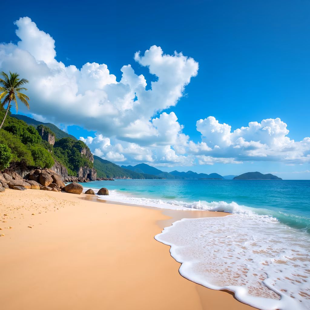 Golden sand, turquoise waters, lush greenery, sunny paradise