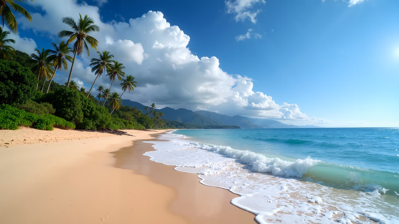 Golden sand, turquoise waters, palm trees, partly cloudy sky, tranquil atmosphere, distant mountains