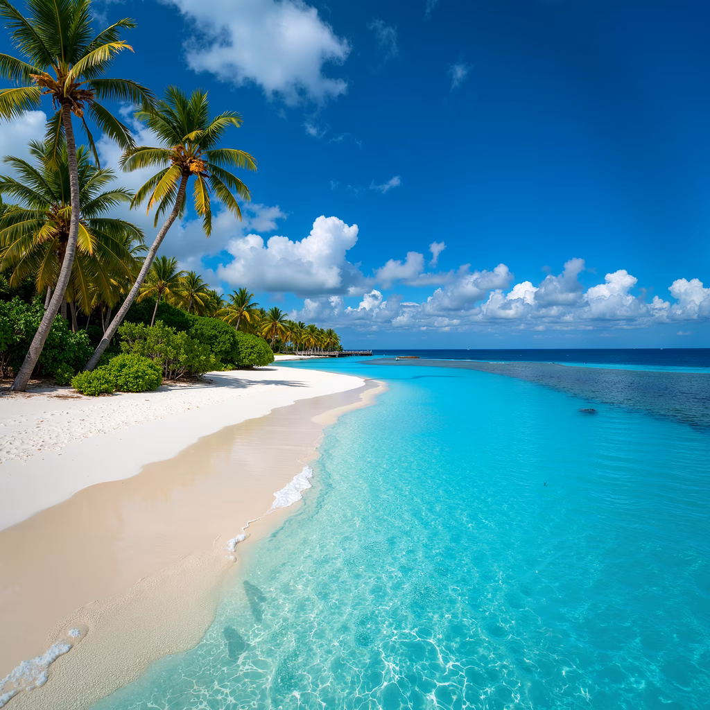 Aerial view of a tropical beach with white sand, turquoise water, and palm trees.