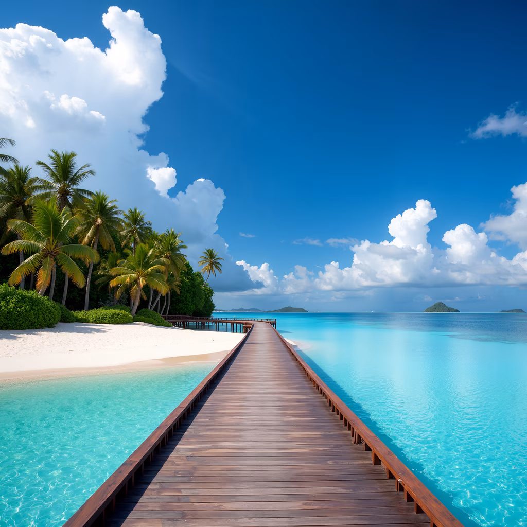 A tranquil tropical scene with a wooden dock, turquoise waters, and palm trees.