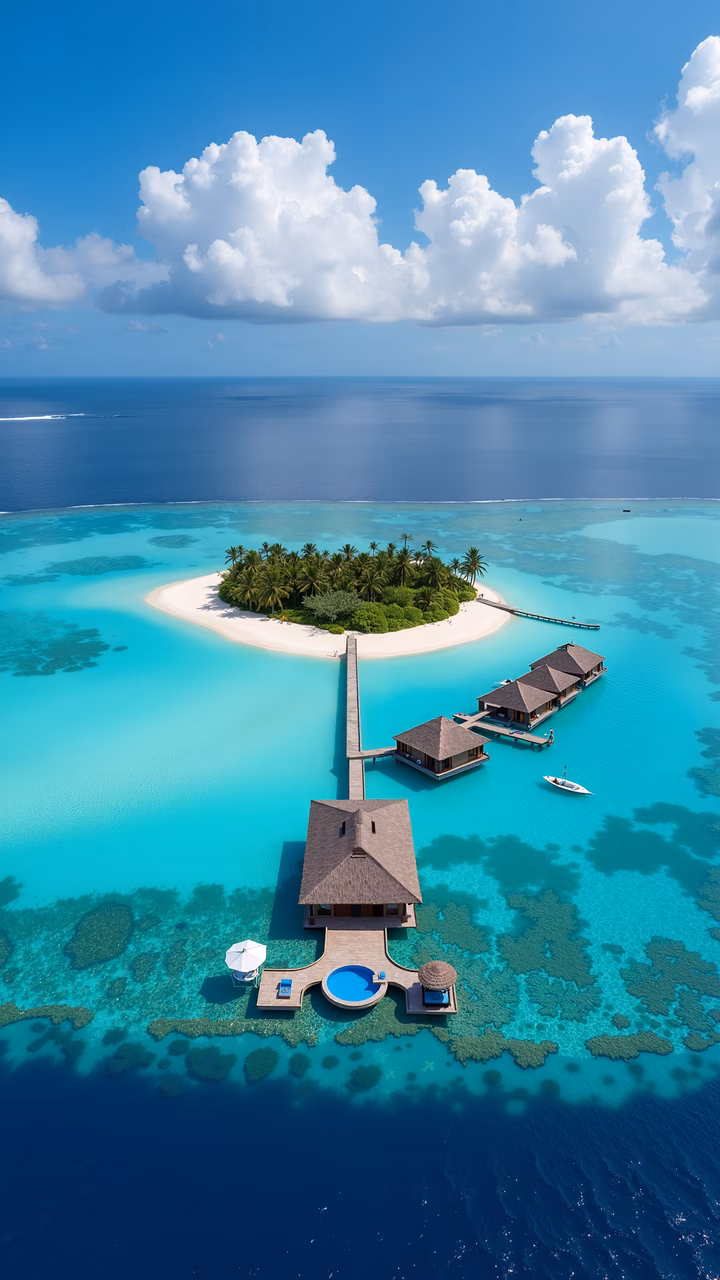A tranquil tropical paradise with overwater bungalows and crystal-clear turquoise waters.
