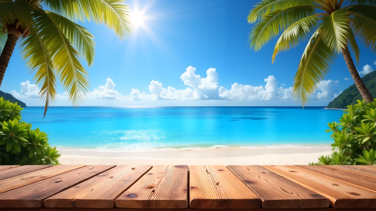 A tranquil tropical beach scene with lush palm trees and a sparkling ocean, perfect for summer vacations and relaxation.