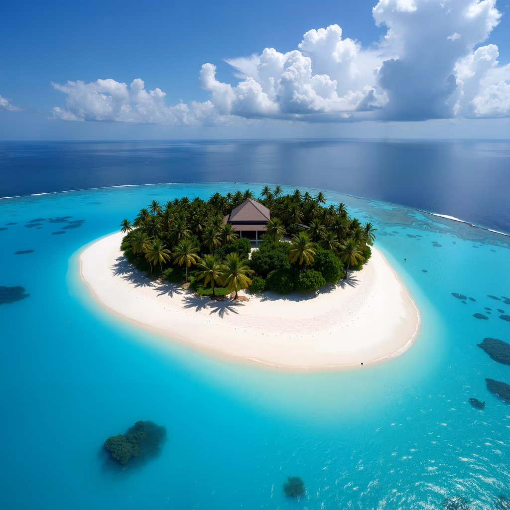 Aerial view of a tropical island with crystal-clear turquoise waters and lush greenery.
