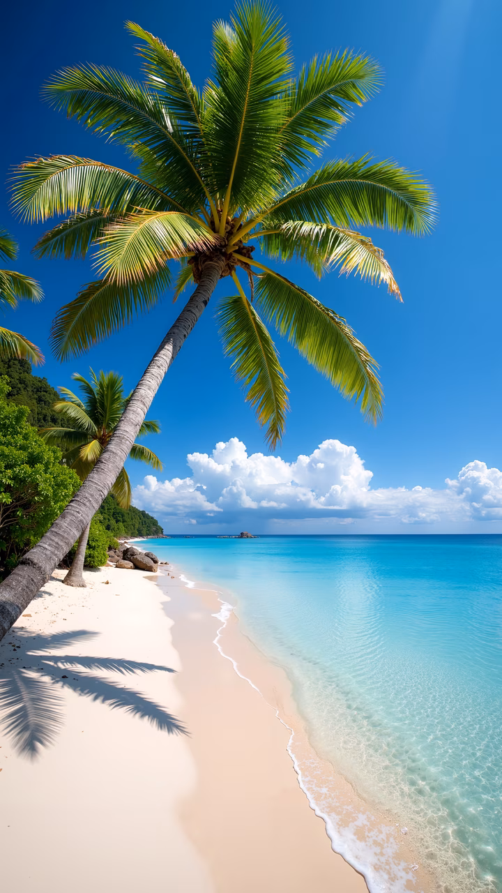 Tropical paradise with palm trees, white sand, and turquoise waters.