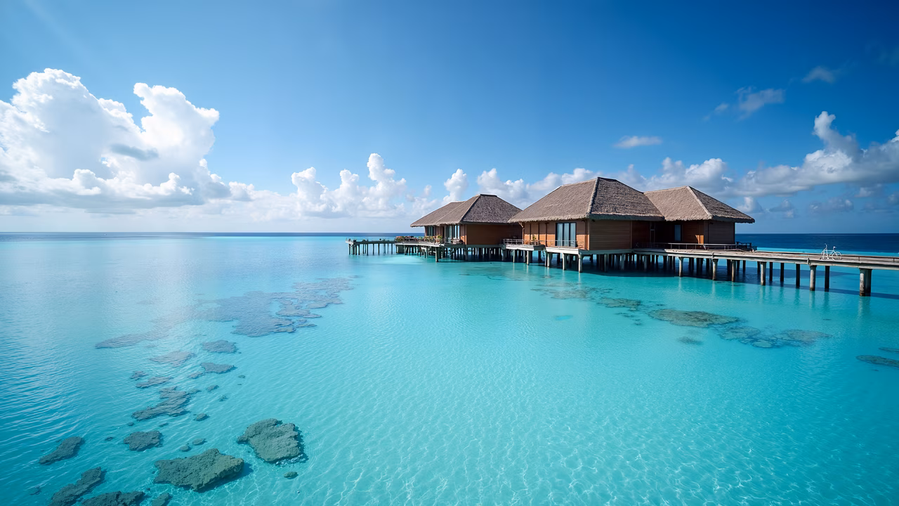 A stunning tropical resort with overwater bungalows in crystal-clear turquoise waters, perfect for relaxation and luxury travel.