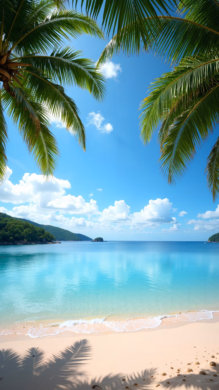 A tranquil tropical beach with palm trees and clear turquoise waters.