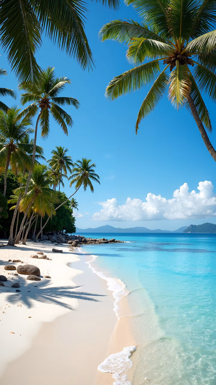 A tranquil tropical beach with palm trees and turquoise waters under a clear blue sky.