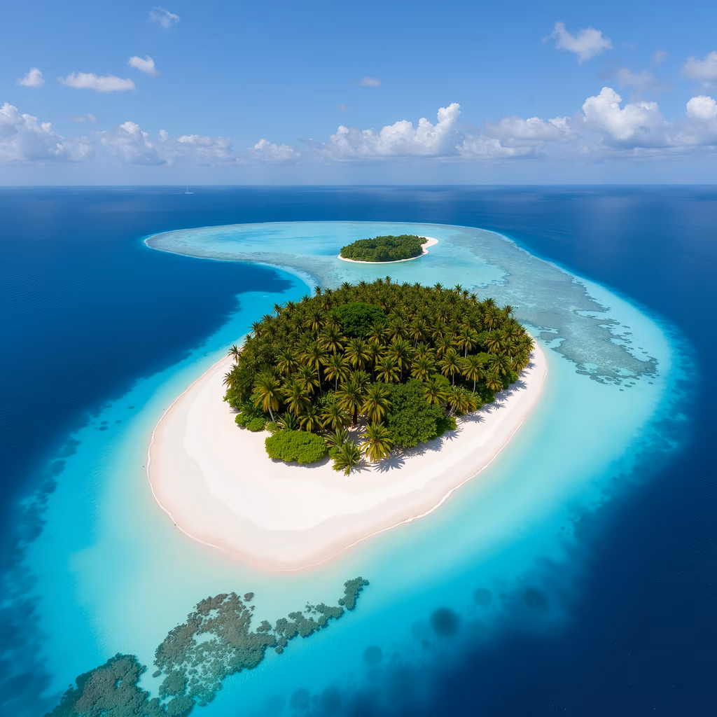 Aerial view of a tropical island with lush greenery and crystal-clear turquoise waters.
