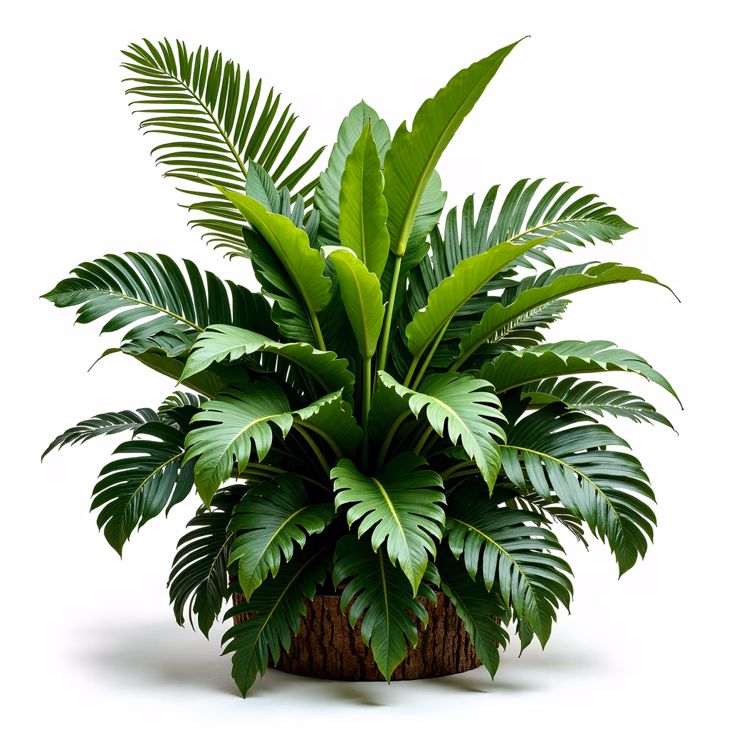 Vibrant tropical plant illustration with detailed green leaves on a white background.