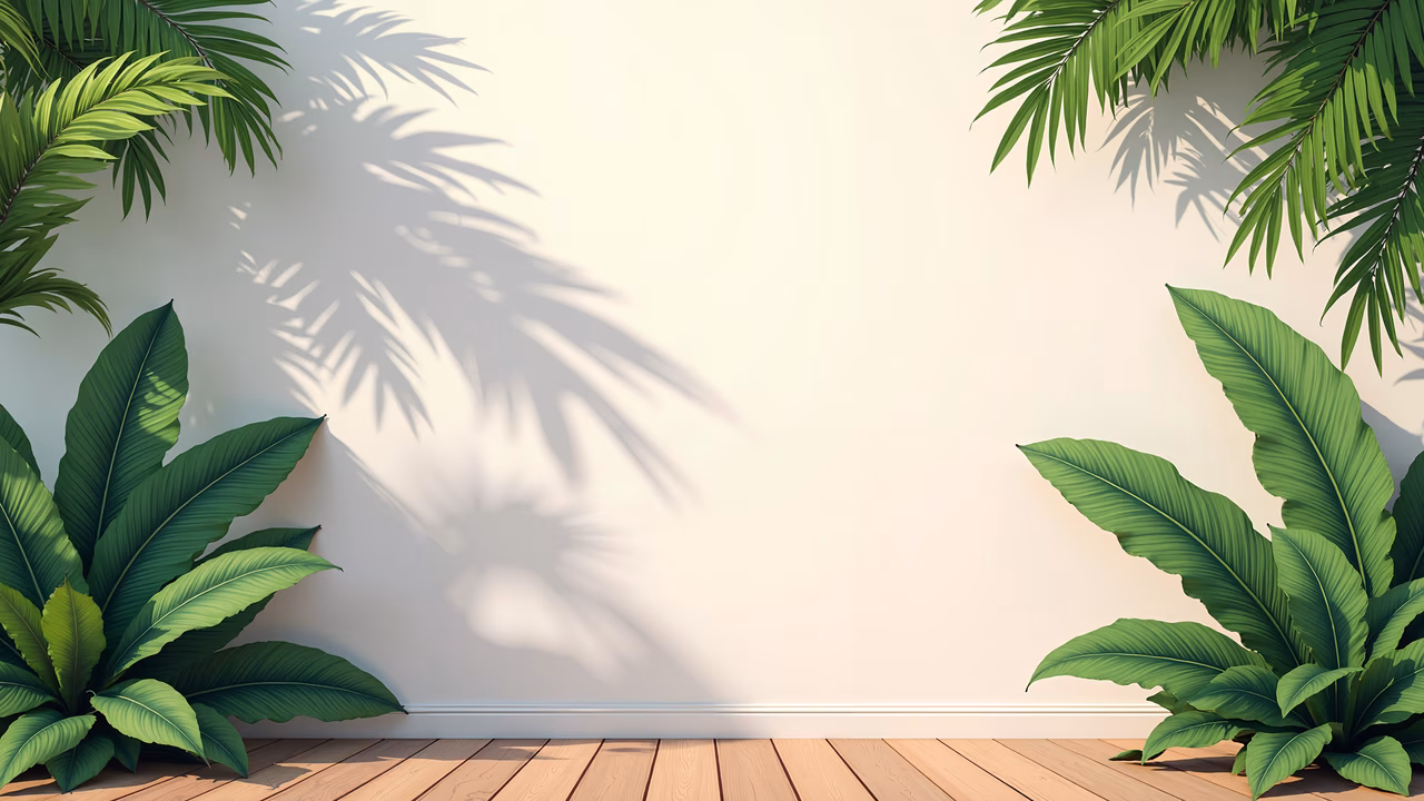 Lush tropical plants casting intricate shadows on a light-colored wall, creating a serene and natural ambiance.