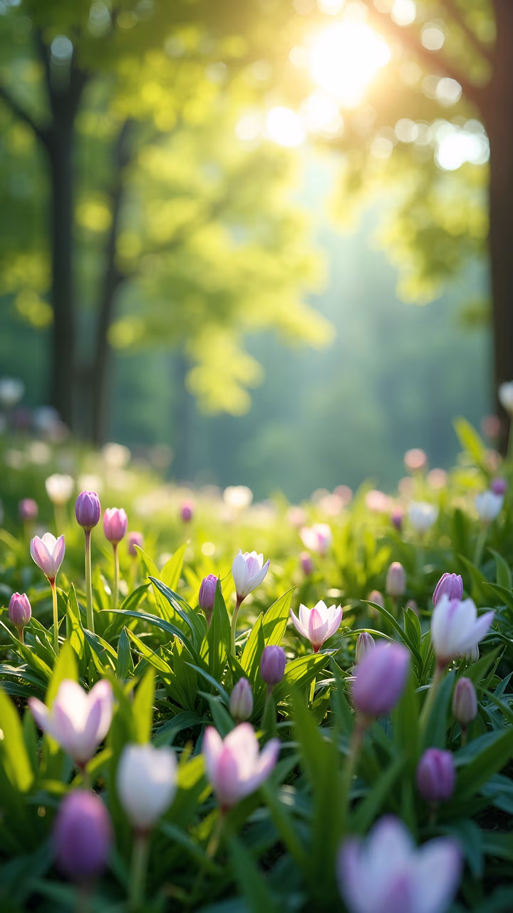Spring tulips in a sunlit meadow, symbolizing renewal and peace.