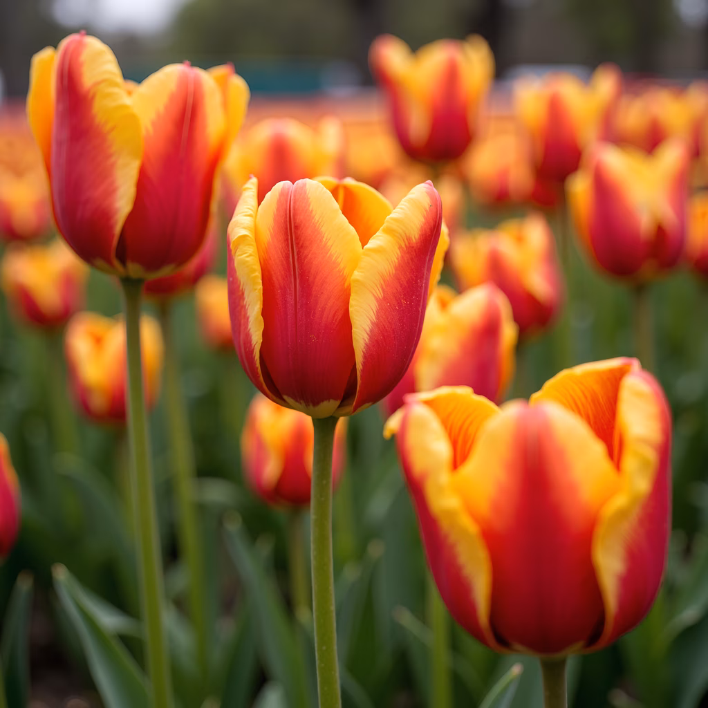 Vibrant tulips in bloom, showcasing their delicate petals and lush green stems.