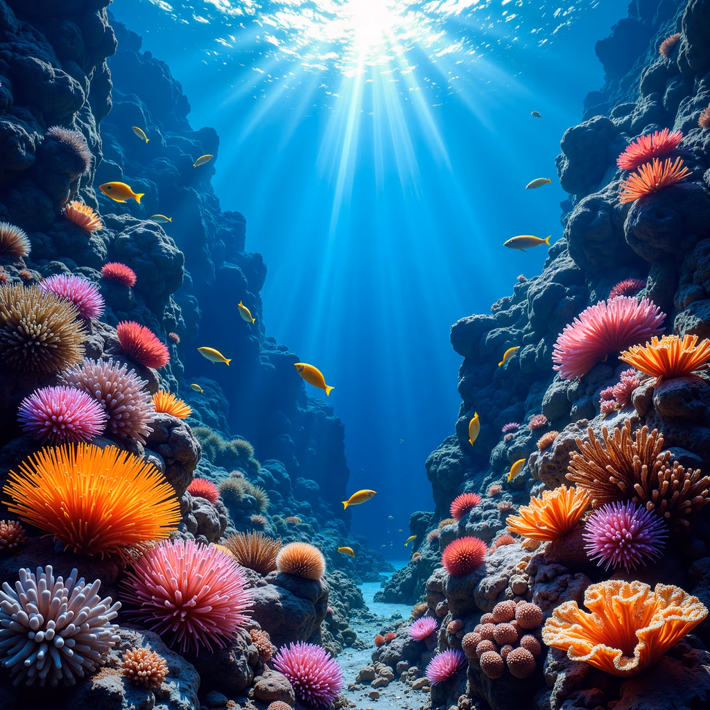 Vibrant underwater scene with colorful sea anemones and fish, illuminated by sunlight beams.