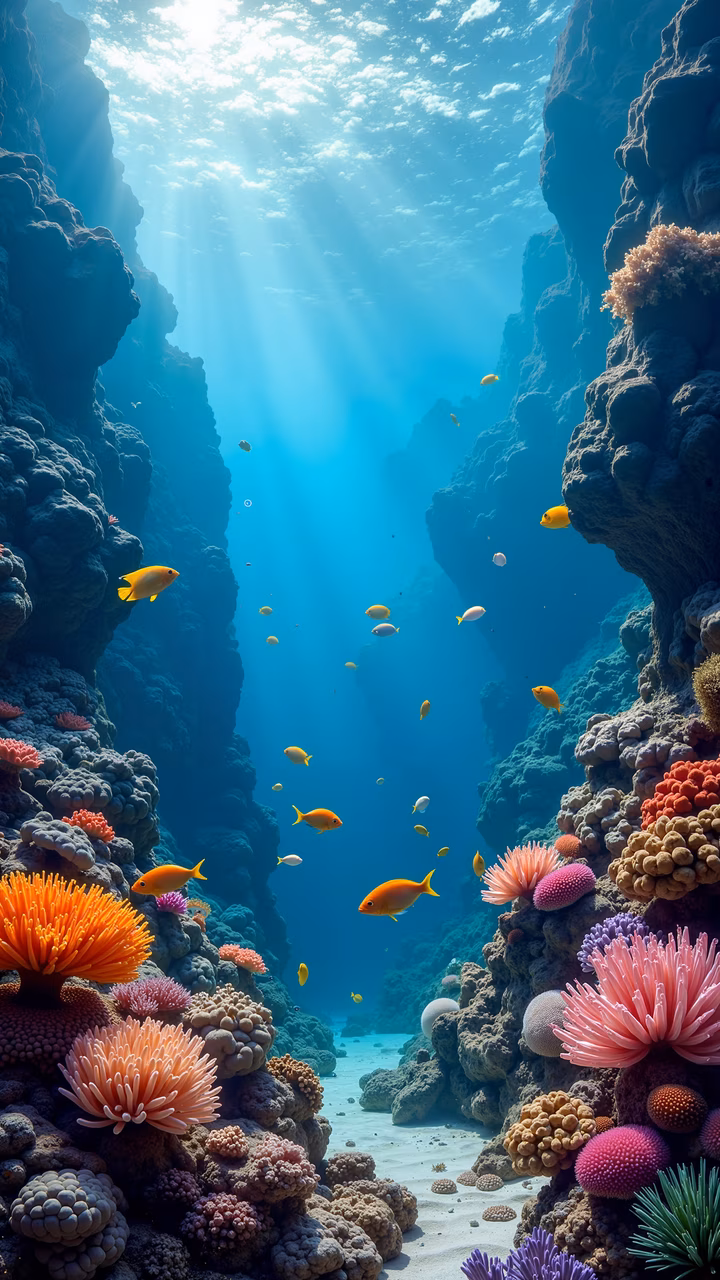 Vibrant underwater scene with colorful fish and coral reefs, illuminated by natural light.