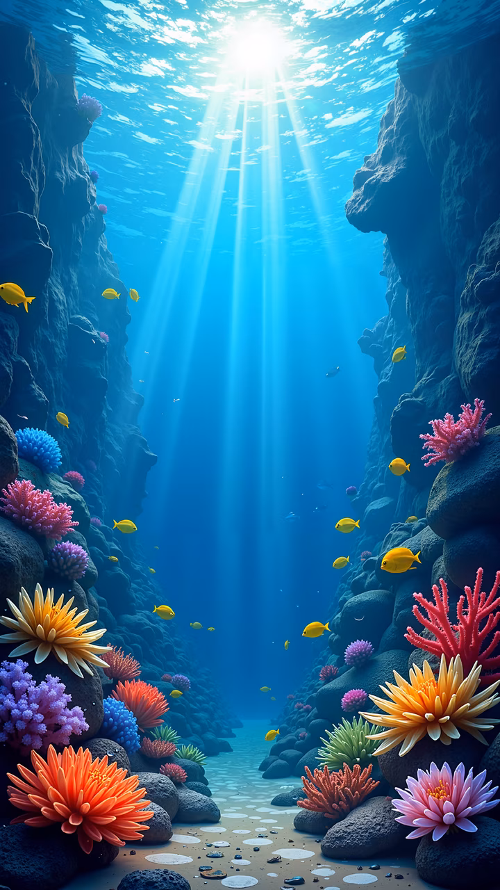 A stunning underwater illustration featuring a coral reef with colorful corals and flowers, bathed in sunlight beams.