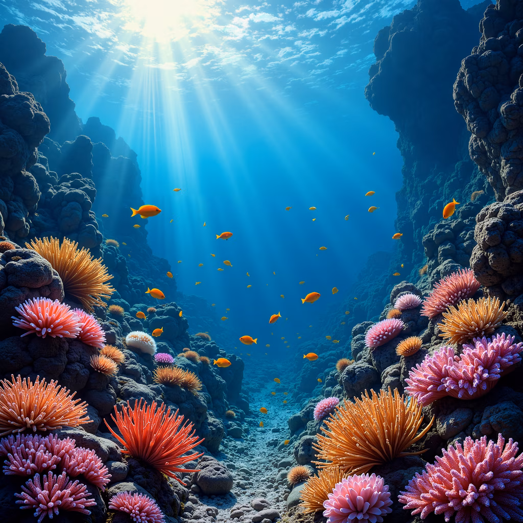 Vibrant underwater scene with colorful sea anemones and orange fish, illuminated by sunlight beams.