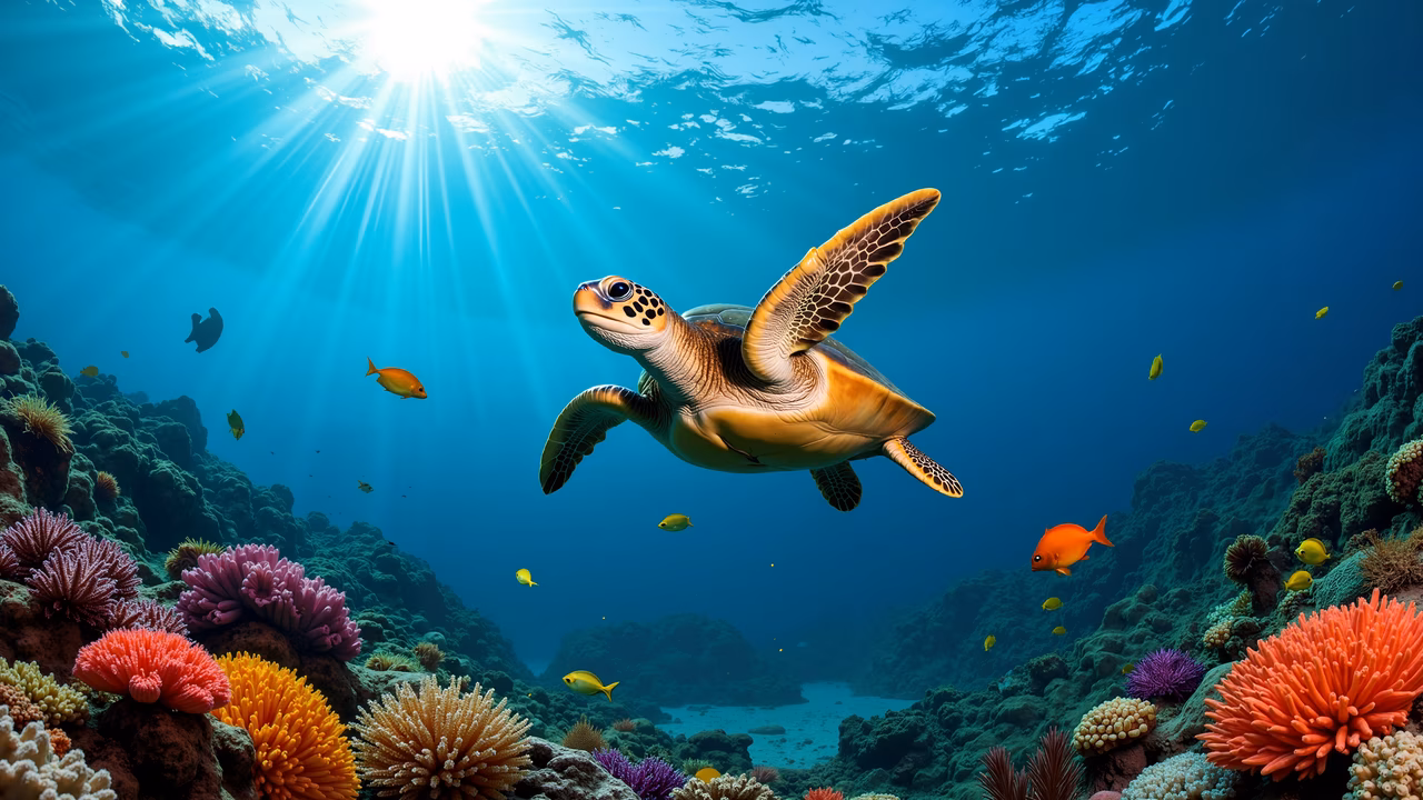 A turtle swimming in a colorful underwater world with coral reefs and fish.
