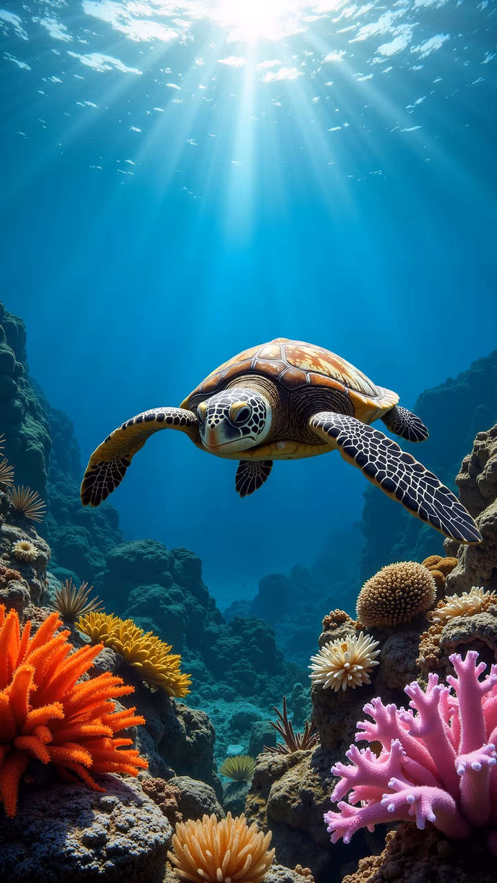 A turtle in a colorful underwater world with coral reefs and anemones, illuminated by sunlight.