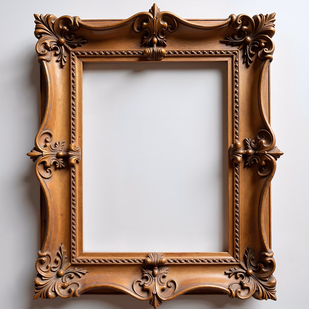 Vintage ornate wooden frame with intricate carvings and warm tones, perfect for decorative arts enthusiasts.