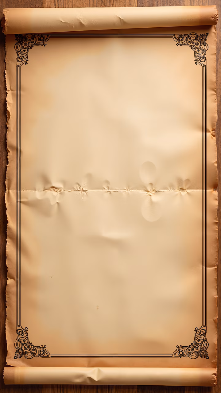 Vintage scroll illustration with ornate floral borders and warm sepia tones.