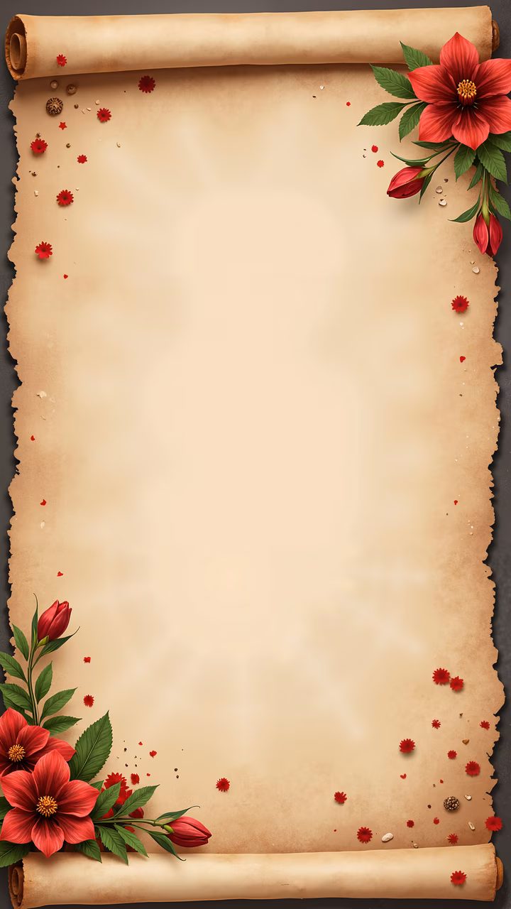 Vintage scroll with red flowers, detailed and realistic, evoking nostalgia and natural beauty.