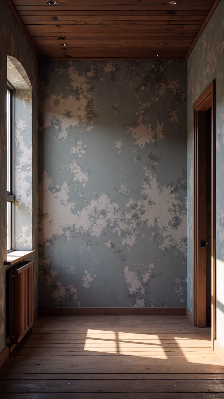Vintage wallpaper, floral patterns, muted tones, wooden ceiling, natural light, serene atmosphere