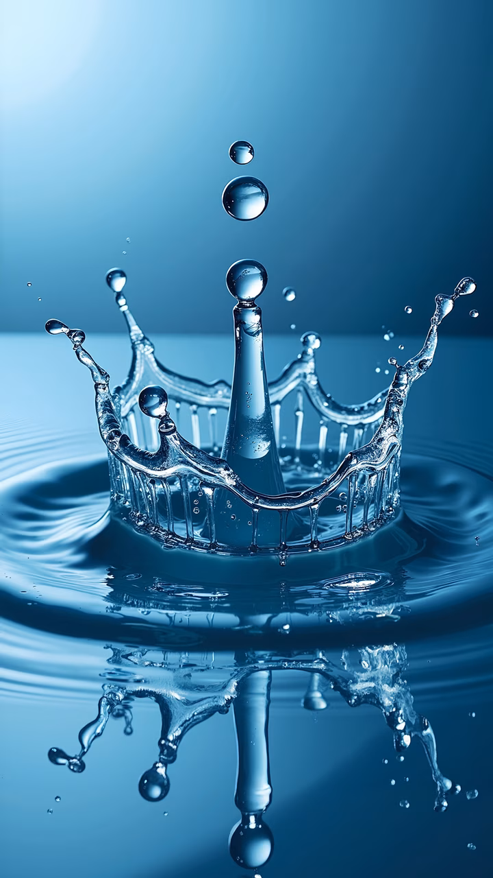 A regal crown crafted from water droplets against a gradient blue background, symbolizing elegance and purity.