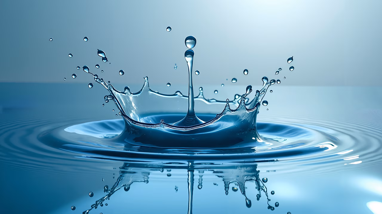 Dynamic water splashing forming a crown shape with cool blue tones and ripples.